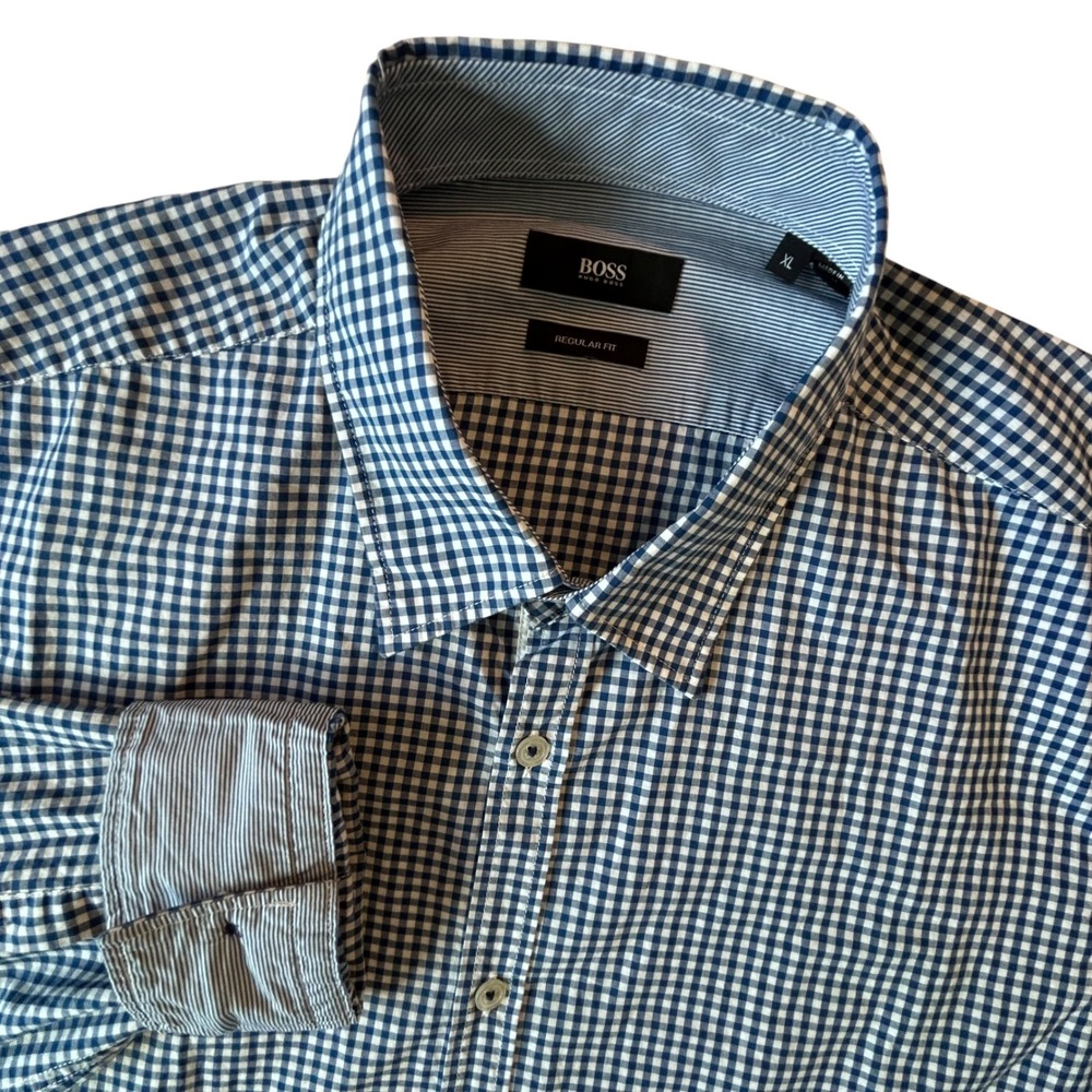 Hugo Boss Regular Fit Gingham Button Down Shirt Mens XL Navy Blue White Long Slv